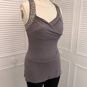 Vintage Cache Grey Top w/ Stones Sz. S (M) Sleeveless Figure Flattering
